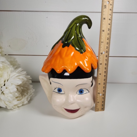 Vintage 1960s Pixie Elf Head Ceramic Cookie Jar w/ Orange Leaf Hat- MCM, Retro - Picture 5 of 9